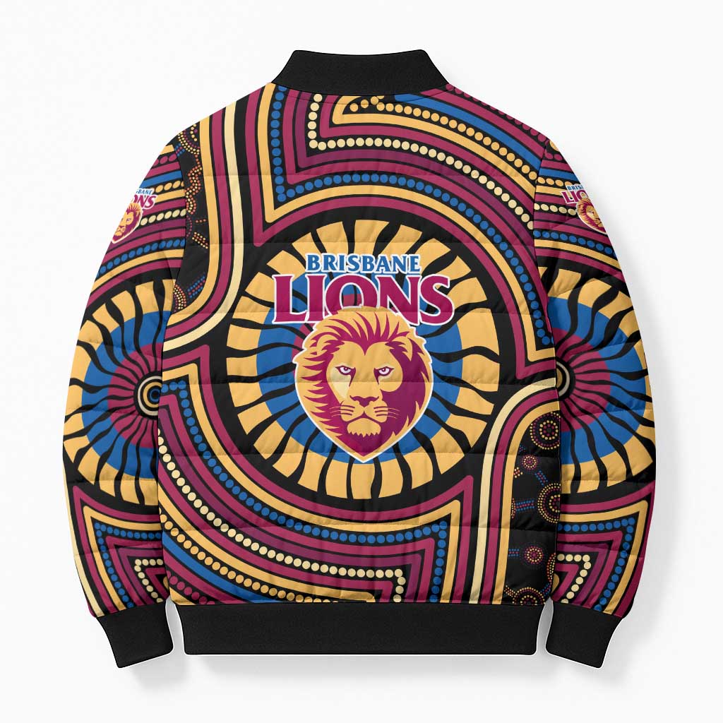 Brisbane Lions Bomber Puffer Jacket Indigenous Monochrome Dot Art Mascot Style