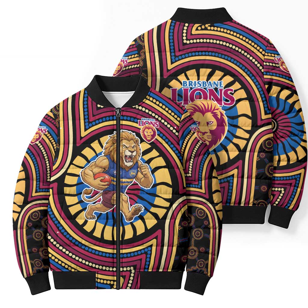 Brisbane Lions Bomber Puffer Jacket Indigenous Monochrome Dot Art Mascot Style