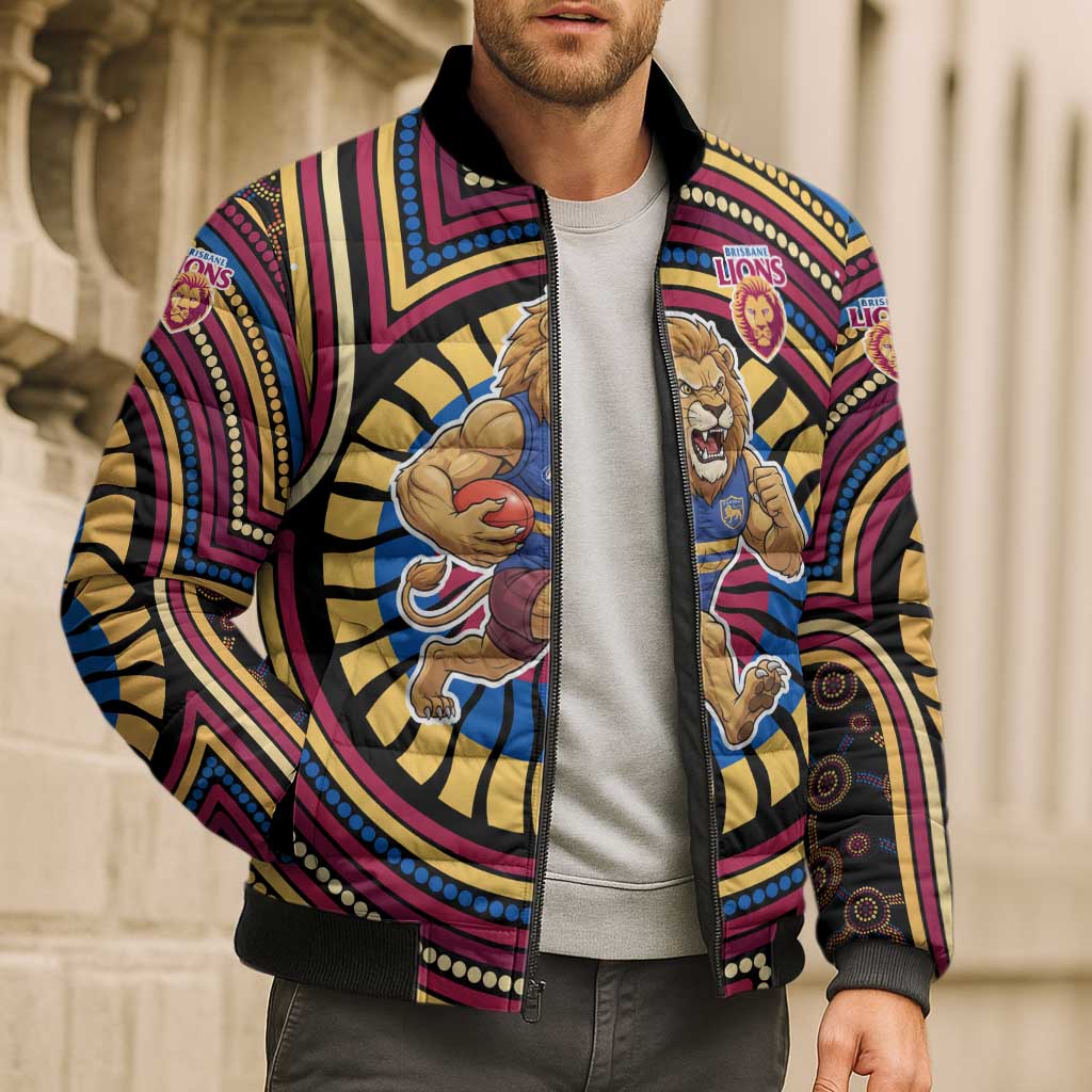 Brisbane Lions Bomber Puffer Jacket Indigenous Monochrome Dot Art Mascot Style