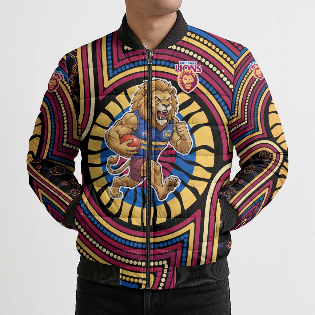 Brisbane Lions Bomber Puffer Jacket Indigenous Monochrome Dot Art Mascot Style