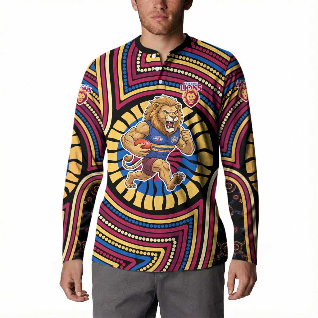 Brisbane Lions Button Sweatshirt Indigenous Monochrome Dot Art Mascot Style