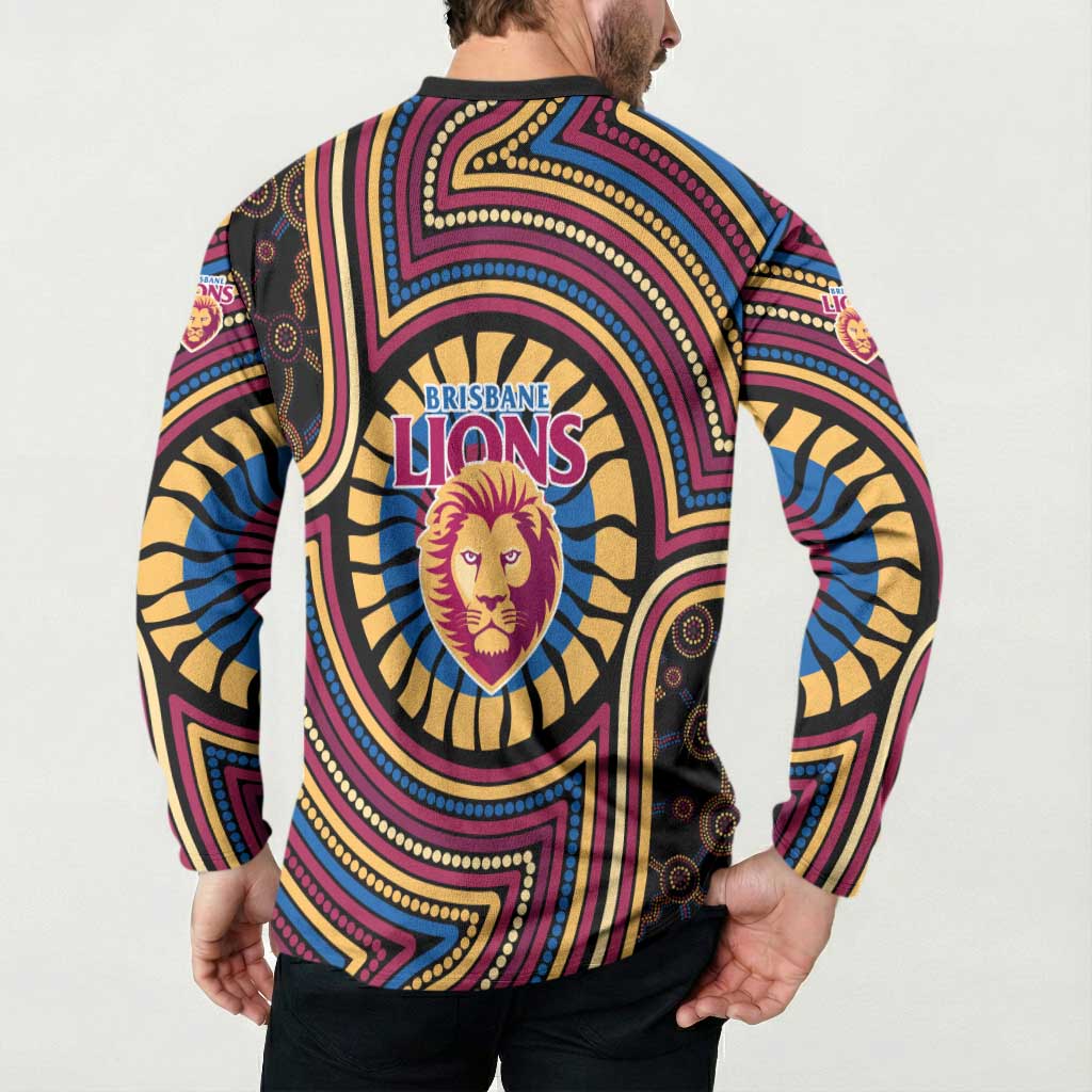 Brisbane Lions Button Sweatshirt Indigenous Monochrome Dot Art Mascot Style