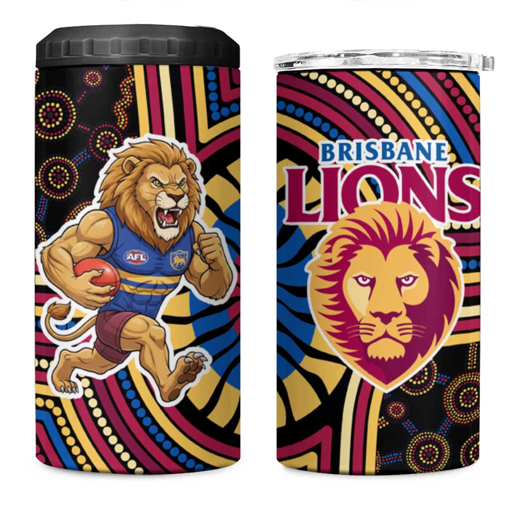 Brisbane Lions 4 in 1 Can Cooler Tumbler Indigenous Monochrome Dot Art Mascot Style