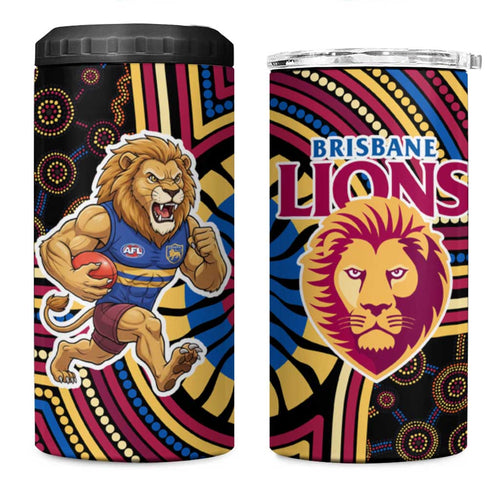 Brisbane Lions 4 in 1 Can Cooler Tumbler Indigenous Monochrome Dot Art Mascot Style