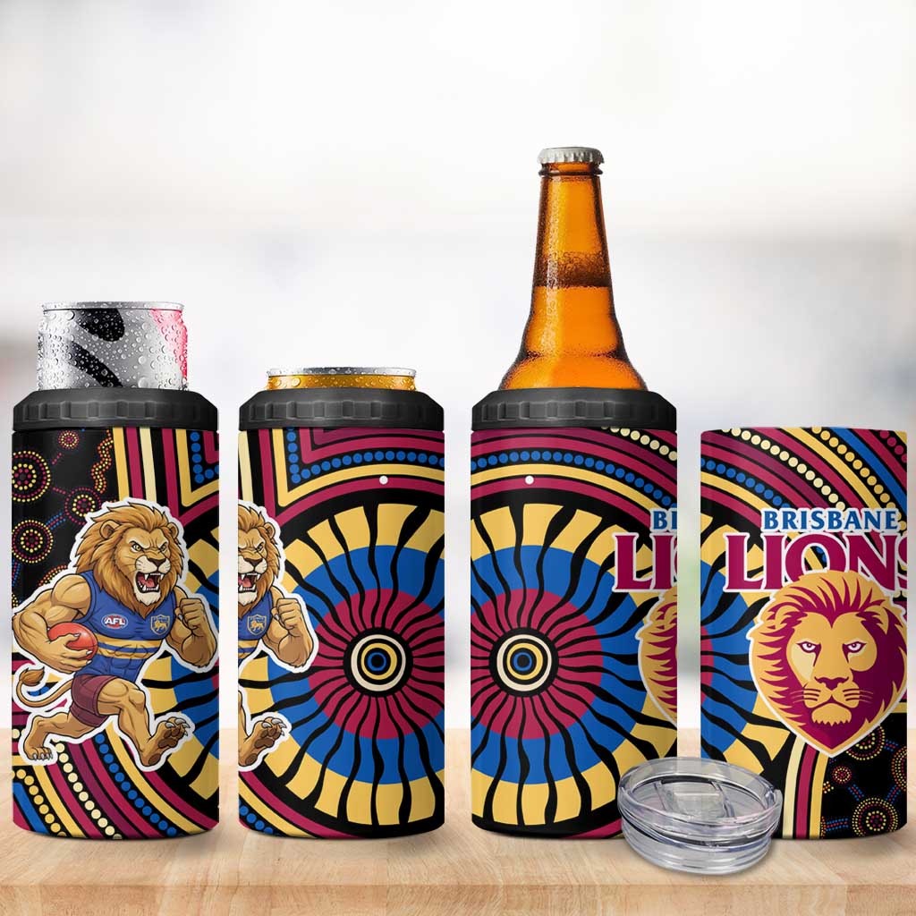 Brisbane Lions 4 in 1 Can Cooler Tumbler Indigenous Monochrome Dot Art Mascot Style