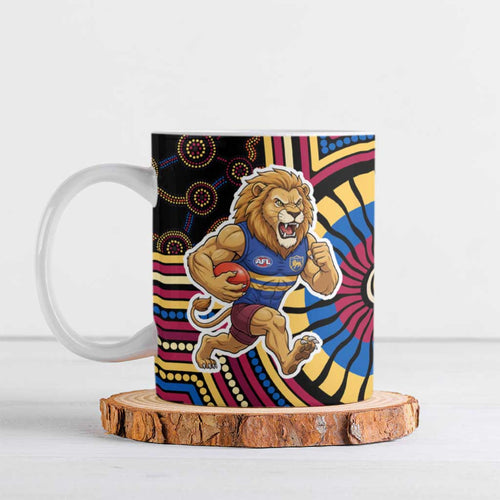 Brisbane Lions Ceramic Mug Indigenous Monochrome Dot Art Mascot Style