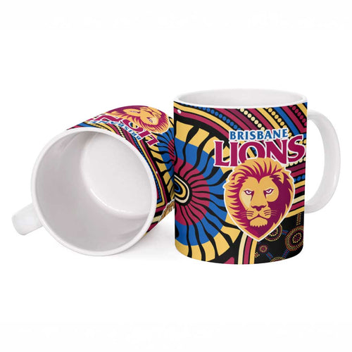 Brisbane Lions Ceramic Mug Indigenous Monochrome Dot Art Mascot Style