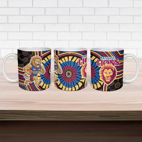 Brisbane Lions Ceramic Mug Indigenous Monochrome Dot Art Mascot Style