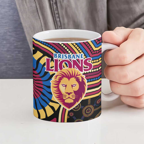 Brisbane Lions Ceramic Mug Indigenous Monochrome Dot Art Mascot Style