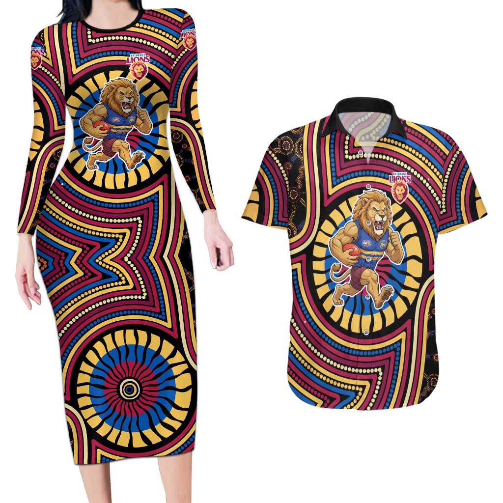 Brisbane Lions Couples Matching Long Sleeve Bodycon Dress and Hawaiian Shirt Indigenous Monochrome Dot Art Mascot Style