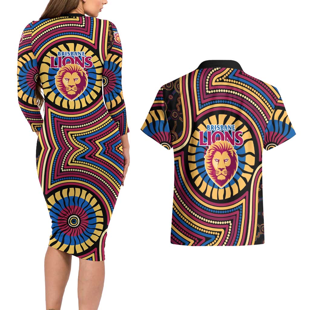 Brisbane Lions Couples Matching Long Sleeve Bodycon Dress and Hawaiian Shirt Indigenous Monochrome Dot Art Mascot Style