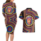 Brisbane Lions Couples Matching Long Sleeve Bodycon Dress and Hawaiian Shirt Indigenous Monochrome Dot Art Mascot Style