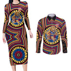 Brisbane Lions Couples Matching Long Sleeve Bodycon Dress and Long Sleeve Button Shirt Indigenous Monochrome Dot Art Mascot Style