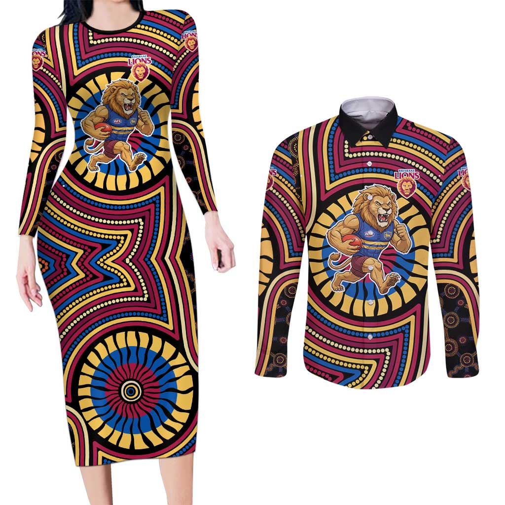 Brisbane Lions Couples Matching Long Sleeve Bodycon Dress and Long Sleeve Button Shirt Indigenous Monochrome Dot Art Mascot Style