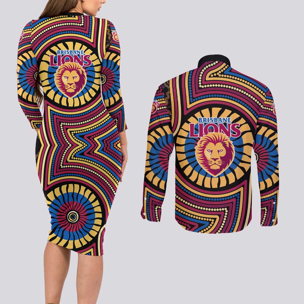 Brisbane Lions Couples Matching Long Sleeve Bodycon Dress and Long Sleeve Button Shirt Indigenous Monochrome Dot Art Mascot Style