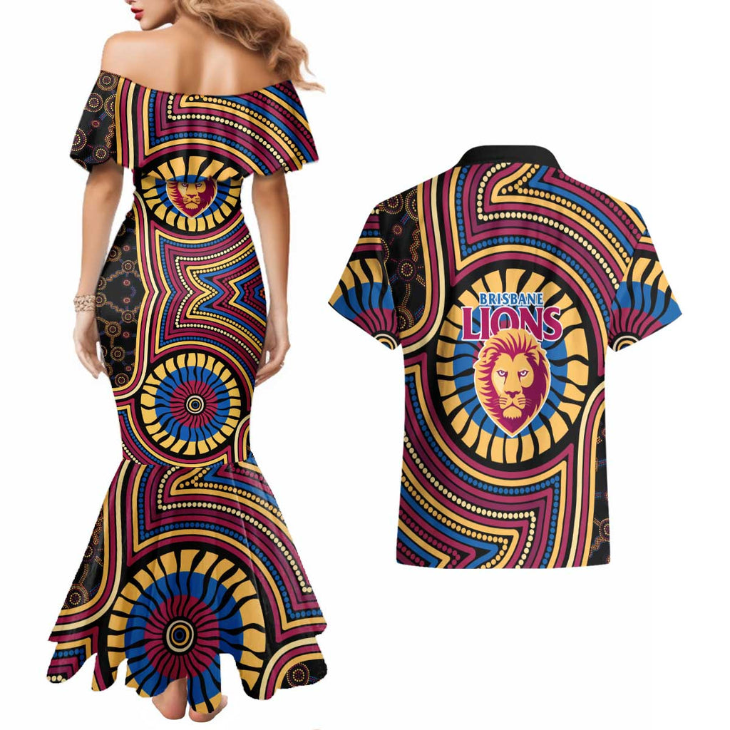 Brisbane Lions Couples Matching Mermaid Dress and Hawaiian Shirt Indigenous Monochrome Dot Art Mascot Style