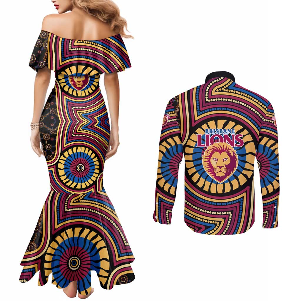 Brisbane Lions Couples Matching Mermaid Dress and Long Sleeve Button Shirt Indigenous Monochrome Dot Art Mascot Style