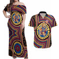 Brisbane Lions Couples Matching Off Shoulder Maxi Dress and Hawaiian Shirt Indigenous Monochrome Dot Art Mascot Style
