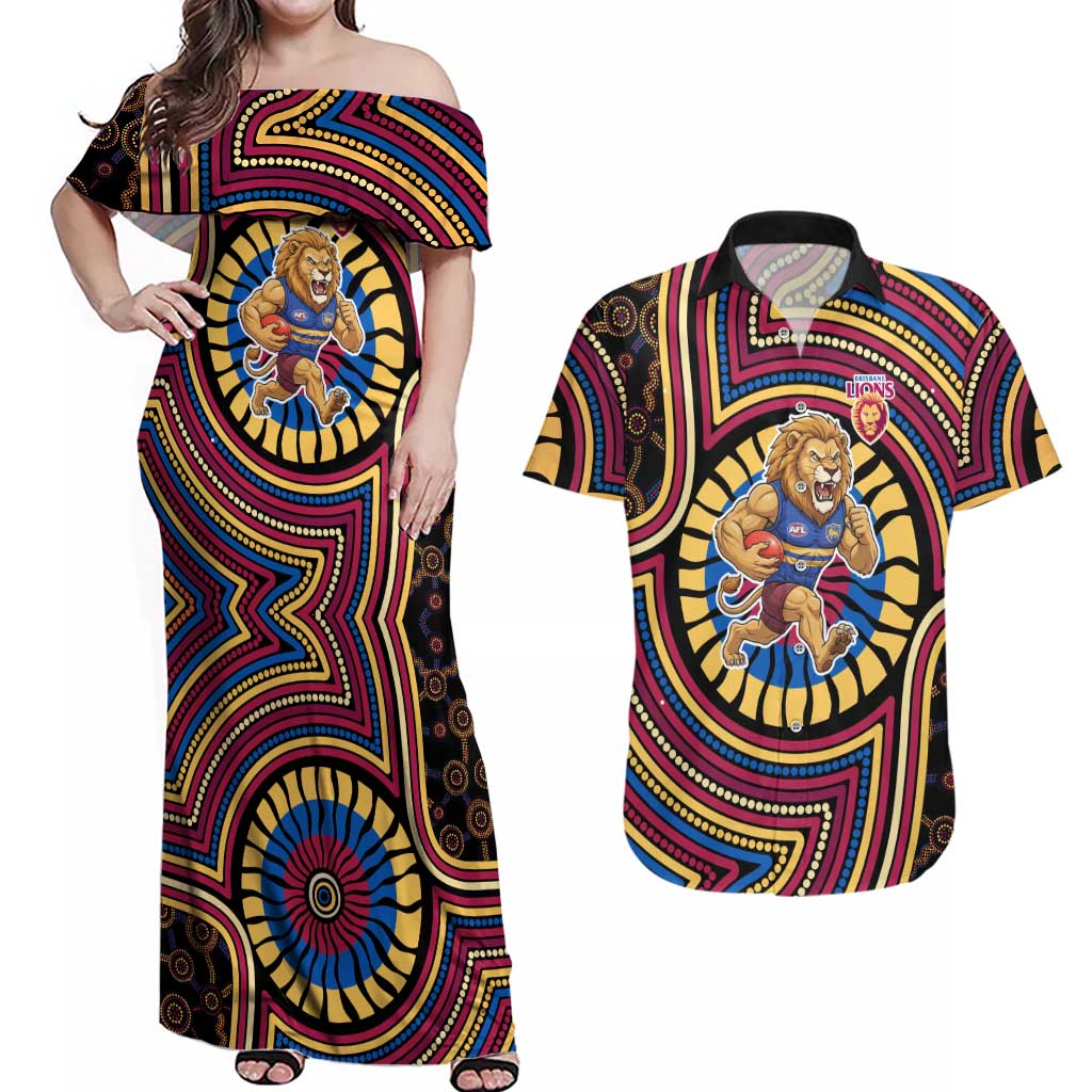 Brisbane Lions Couples Matching Off Shoulder Maxi Dress and Hawaiian Shirt Indigenous Monochrome Dot Art Mascot Style