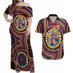 Brisbane Lions Couples Matching Off Shoulder Maxi Dress and Hawaiian Shirt Indigenous Monochrome Dot Art Mascot Style