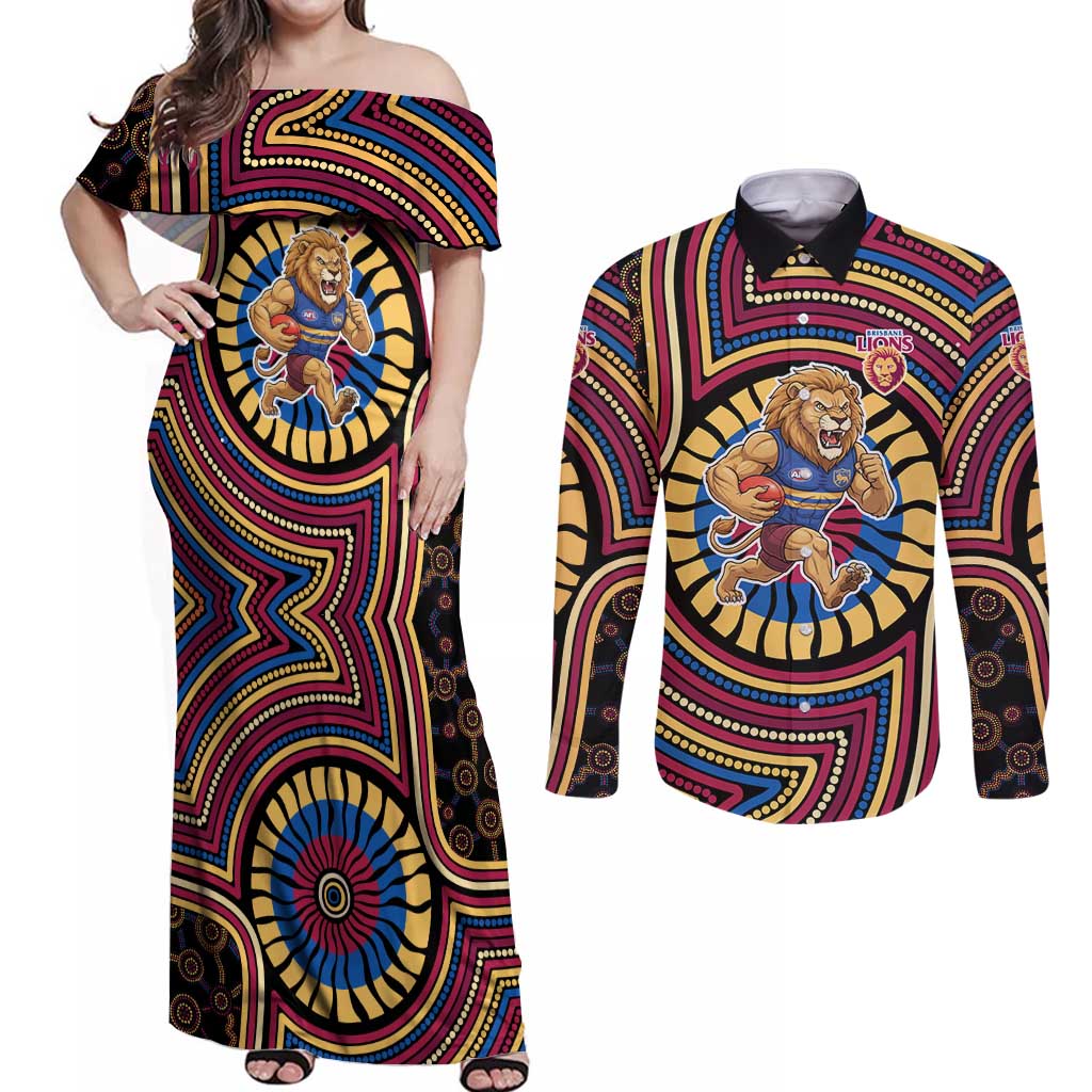 Brisbane Lions Couples Matching Off Shoulder Maxi Dress and Long Sleeve Button Shirt Indigenous Monochrome Dot Art Mascot Style