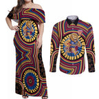 Brisbane Lions Couples Matching Off Shoulder Maxi Dress and Long Sleeve Button Shirt Indigenous Monochrome Dot Art Mascot Style