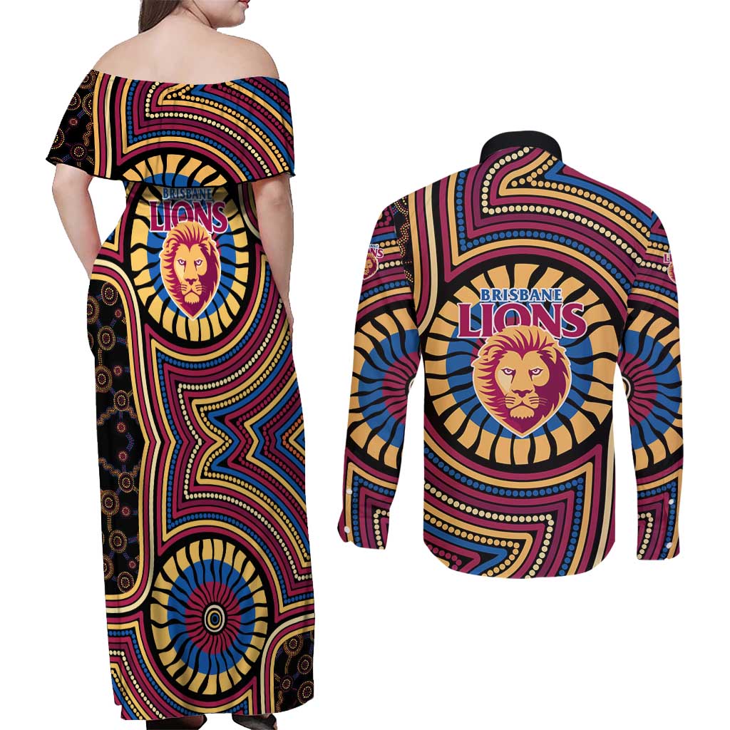 Brisbane Lions Couples Matching Off Shoulder Maxi Dress and Long Sleeve Button Shirt Indigenous Monochrome Dot Art Mascot Style