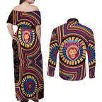 Brisbane Lions Couples Matching Off Shoulder Maxi Dress and Long Sleeve Button Shirt Indigenous Monochrome Dot Art Mascot Style
