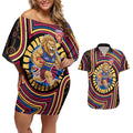 Brisbane Lions Couples Matching Off Shoulder Short Dress and Hawaiian Shirt Indigenous Monochrome Dot Art Mascot Style