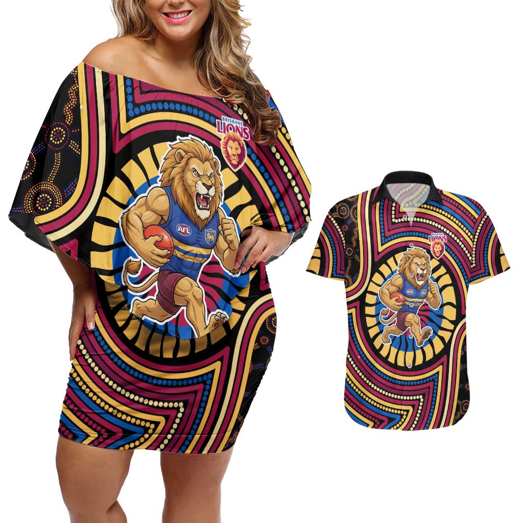 Brisbane Lions Couples Matching Off Shoulder Short Dress and Hawaiian Shirt Indigenous Monochrome Dot Art Mascot Style