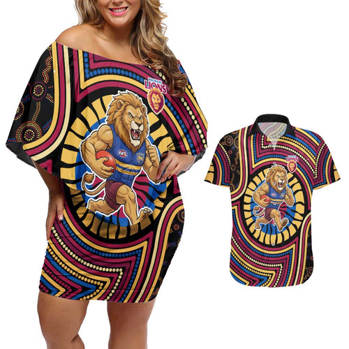 Brisbane Lions Couples Matching Off Shoulder Short Dress and Hawaiian Shirt Indigenous Monochrome Dot Art Mascot Style