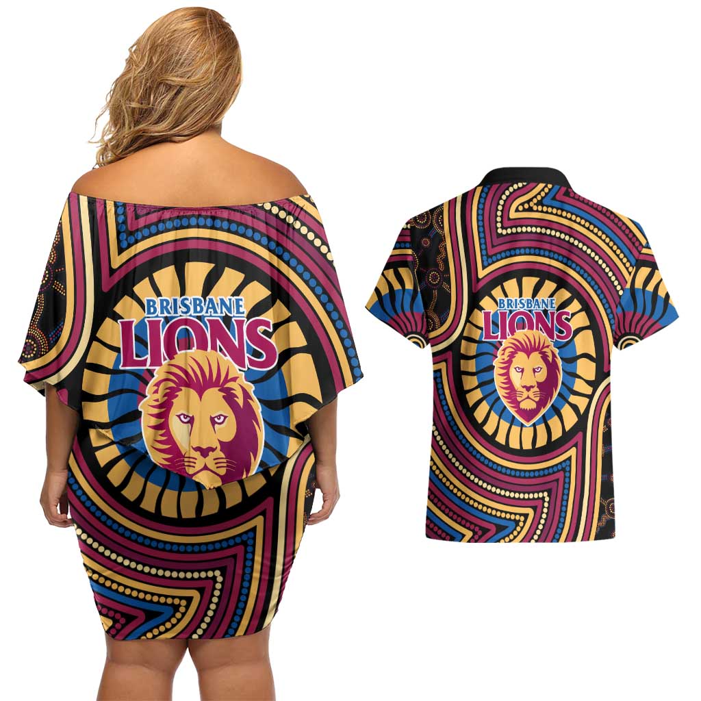 Brisbane Lions Couples Matching Off Shoulder Short Dress and Hawaiian Shirt Indigenous Monochrome Dot Art Mascot Style