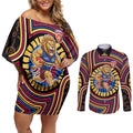 Brisbane Lions Couples Matching Off Shoulder Short Dress and Long Sleeve Button Shirt Indigenous Monochrome Dot Art Mascot Style