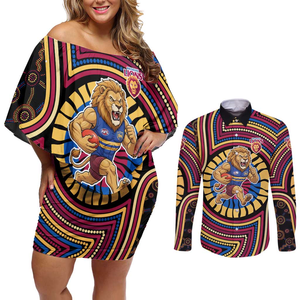 Brisbane Lions Couples Matching Off Shoulder Short Dress and Long Sleeve Button Shirt Indigenous Monochrome Dot Art Mascot Style