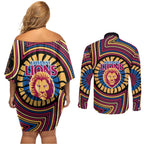 Brisbane Lions Couples Matching Off Shoulder Short Dress and Long Sleeve Button Shirt Indigenous Monochrome Dot Art Mascot Style