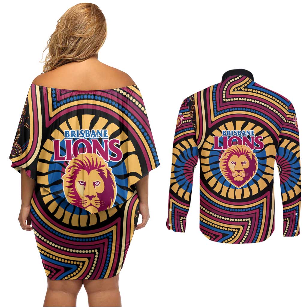 Brisbane Lions Couples Matching Off Shoulder Short Dress and Long Sleeve Button Shirt Indigenous Monochrome Dot Art Mascot Style