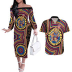 Brisbane Lions Couples Matching Off The Shoulder Long Sleeve Dress and Hawaiian Shirt Indigenous Monochrome Dot Art Mascot Style