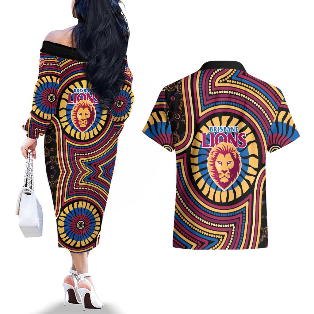 Brisbane Lions Couples Matching Off The Shoulder Long Sleeve Dress and Hawaiian Shirt Indigenous Monochrome Dot Art Mascot Style