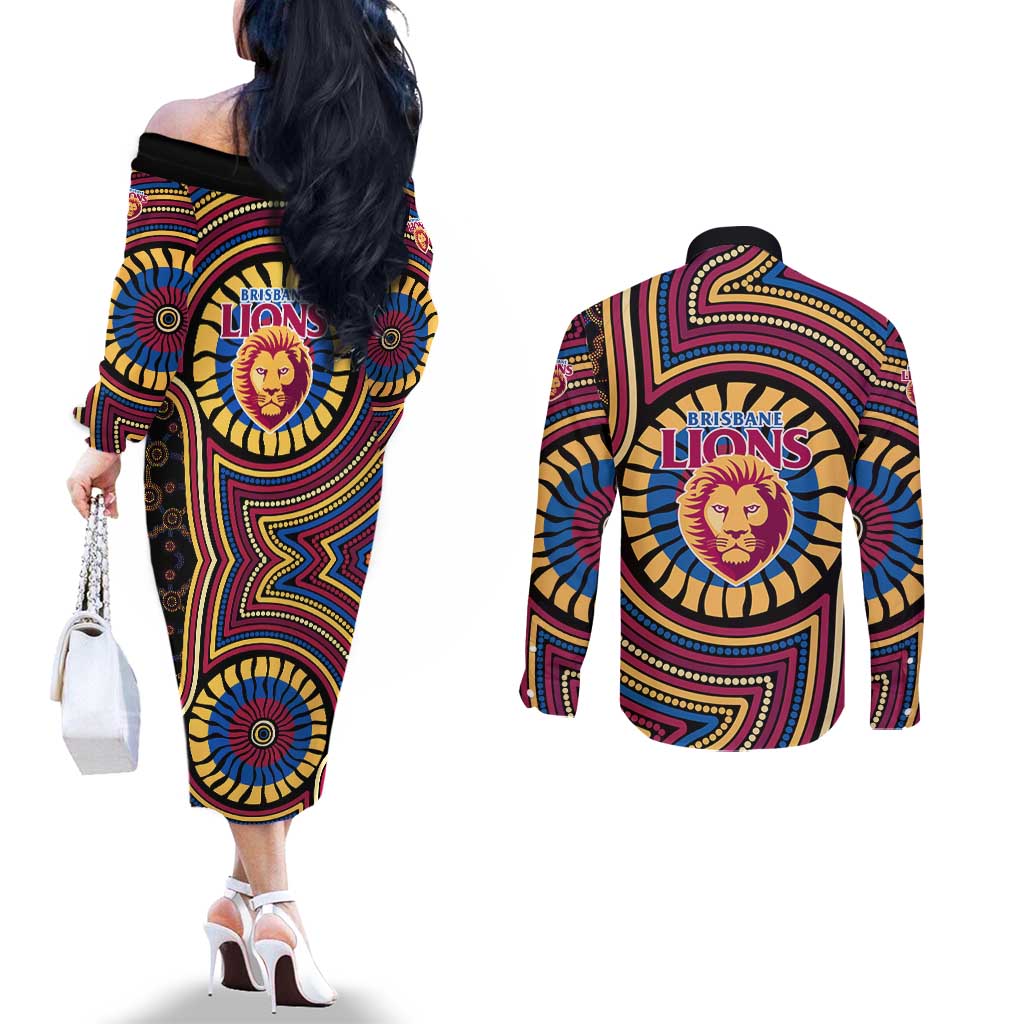 Brisbane Lions Couples Matching Off The Shoulder Long Sleeve Dress and Long Sleeve Button Shirt Indigenous Monochrome Dot Art Mascot Style
