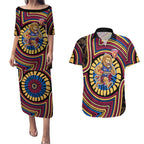 Brisbane Lions Couples Matching Puletasi and Hawaiian Shirt Indigenous Monochrome Dot Art Mascot Style