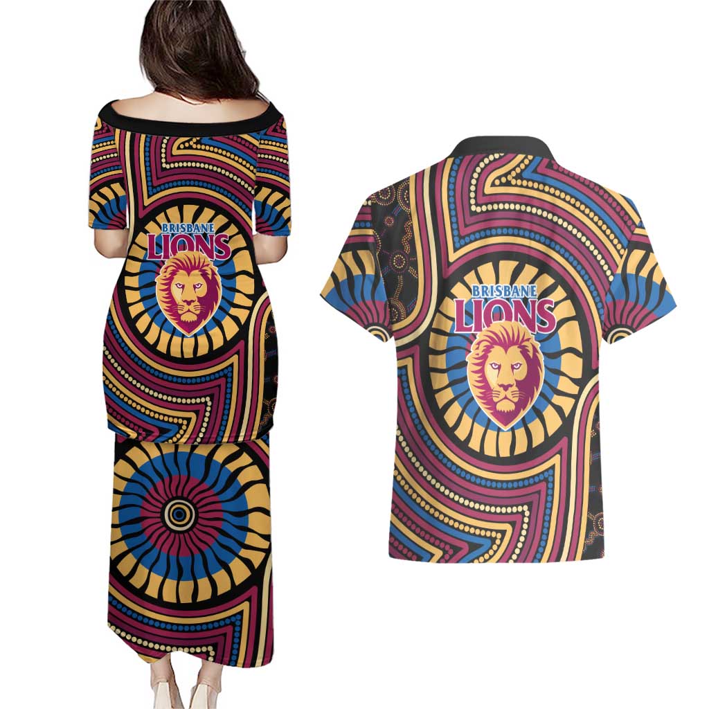 Brisbane Lions Couples Matching Puletasi and Hawaiian Shirt Indigenous Monochrome Dot Art Mascot Style