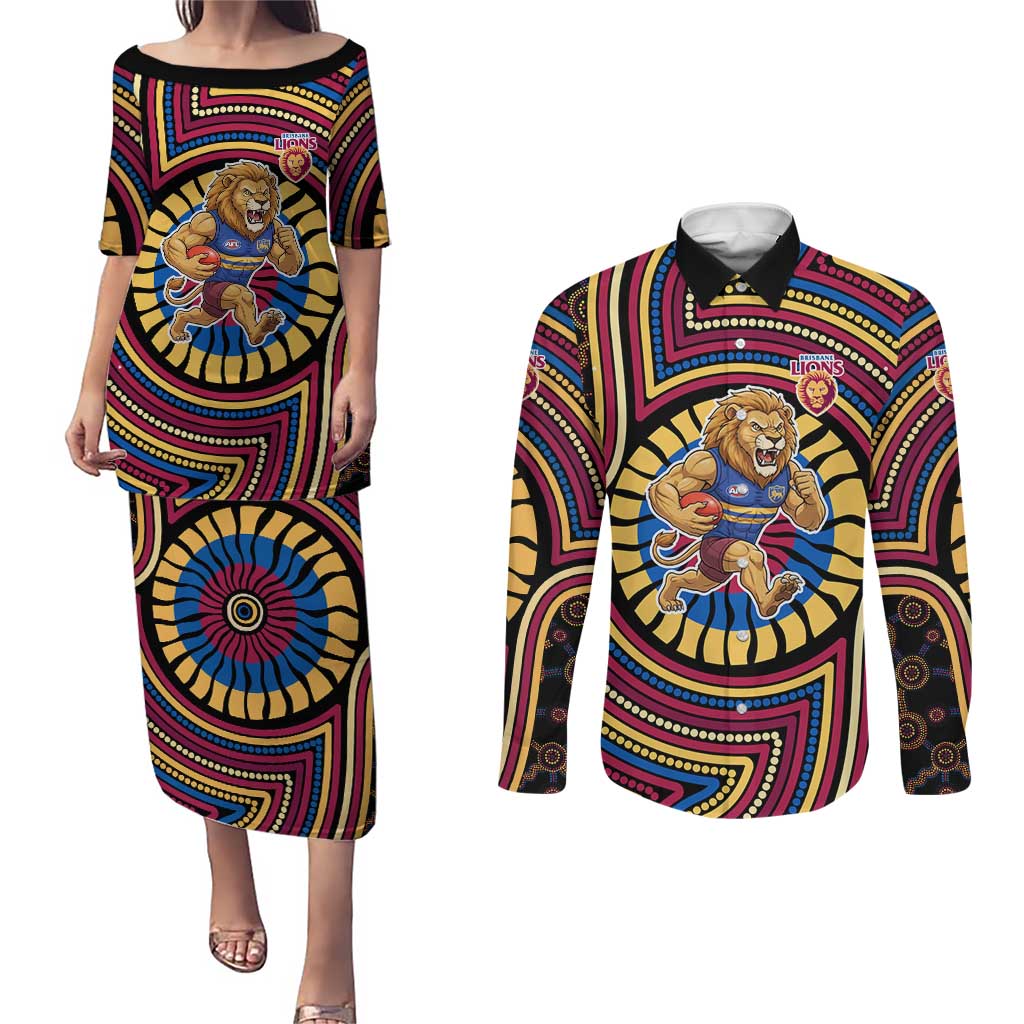 Brisbane Lions Couples Matching Puletasi and Long Sleeve Button Shirt Indigenous Monochrome Dot Art Mascot Style
