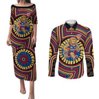 Brisbane Lions Couples Matching Puletasi and Long Sleeve Button Shirt Indigenous Monochrome Dot Art Mascot Style