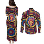 Brisbane Lions Couples Matching Puletasi and Long Sleeve Button Shirt Indigenous Monochrome Dot Art Mascot Style