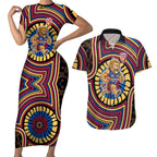 Brisbane Lions Couples Matching Short Sleeve Bodycon Dress and Hawaiian Shirt Indigenous Monochrome Dot Art Mascot Style