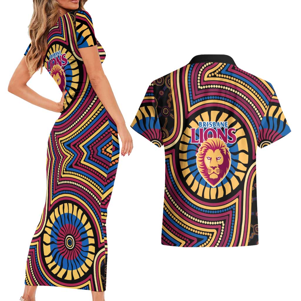 Brisbane Lions Couples Matching Short Sleeve Bodycon Dress and Hawaiian Shirt Indigenous Monochrome Dot Art Mascot Style