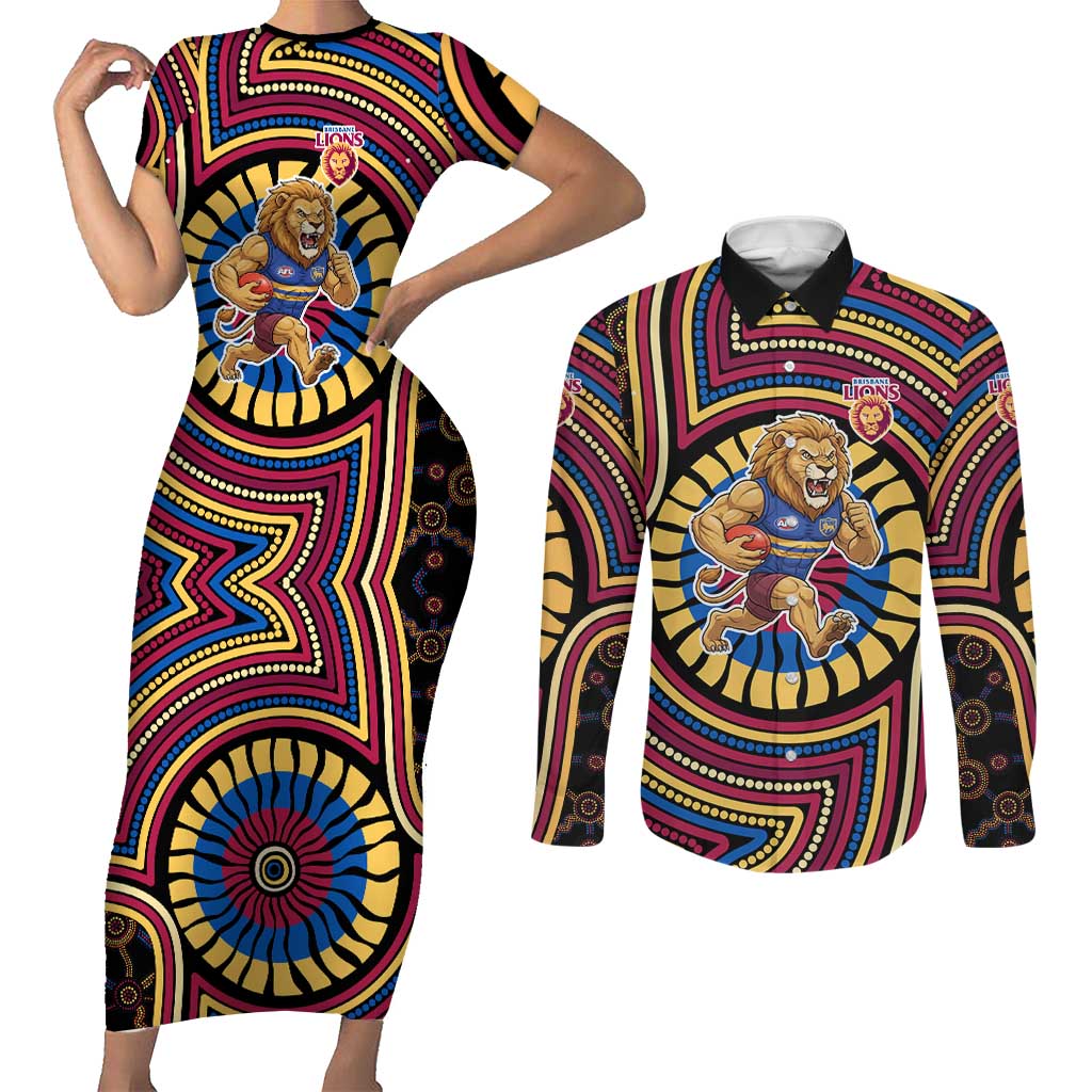 Brisbane Lions Couples Matching Short Sleeve Bodycon Dress and Long Sleeve Button Shirt Indigenous Monochrome Dot Art Mascot Style