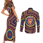Brisbane Lions Couples Matching Short Sleeve Bodycon Dress and Long Sleeve Button Shirt Indigenous Monochrome Dot Art Mascot Style