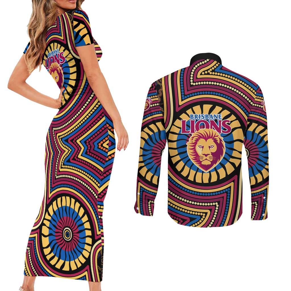 Brisbane Lions Couples Matching Short Sleeve Bodycon Dress and Long Sleeve Button Shirt Indigenous Monochrome Dot Art Mascot Style