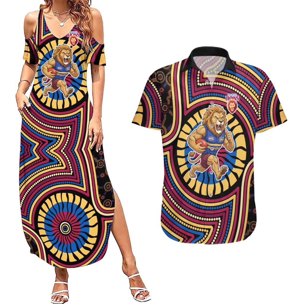 Brisbane Lions Couples Matching Summer Maxi Dress and Hawaiian Shirt Indigenous Monochrome Dot Art Mascot Style